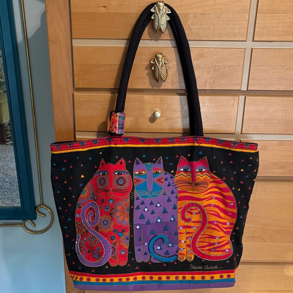Like New Laurel Burch 3 Cats Canvas Tote Bag